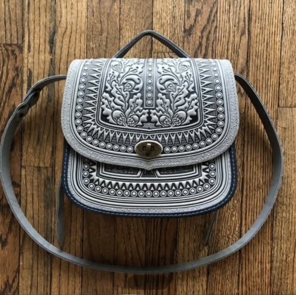 Genuine Leather Beautiful Hand Tooled Gray Black Crossbody Western Boho Bag - Picture 3 of 16